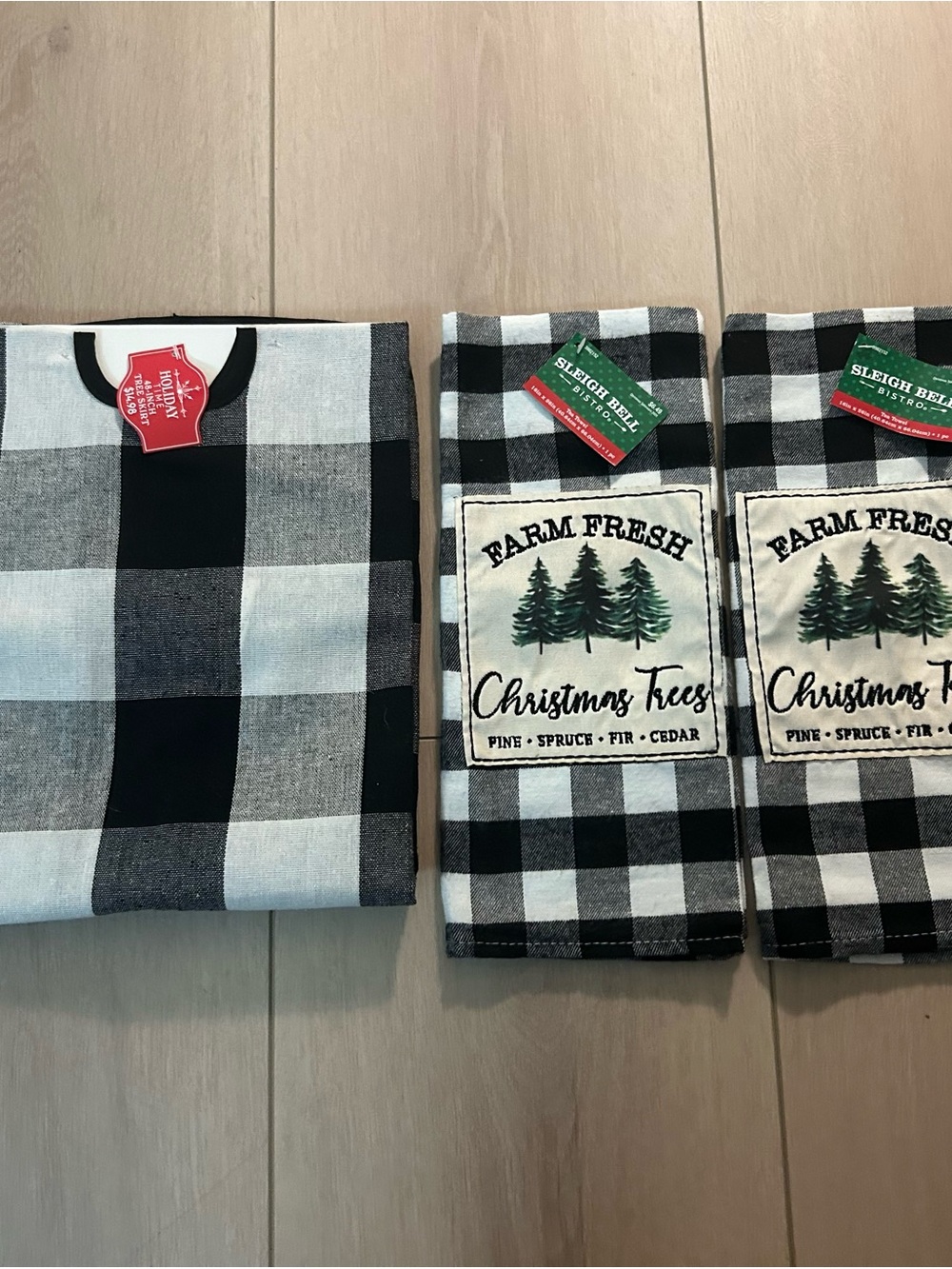 Christmas Farmhouse Bundle: 48" Holiday Time Tree Skirt & 2 Sleigh Tea Towels.